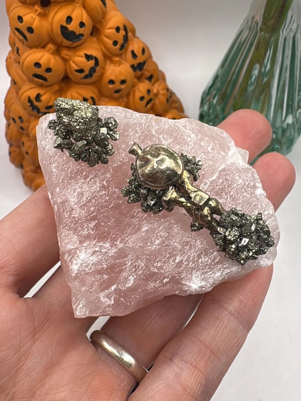 Rose Quartz miner with pyrite Accent Sculpture - Pink Crystal Home Accent